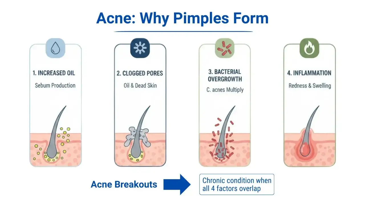 Spiegazione visiva di perché vengono i brufoli: aumento sebo, pori ostruiti, batteri e infiammazione portano all'acne.