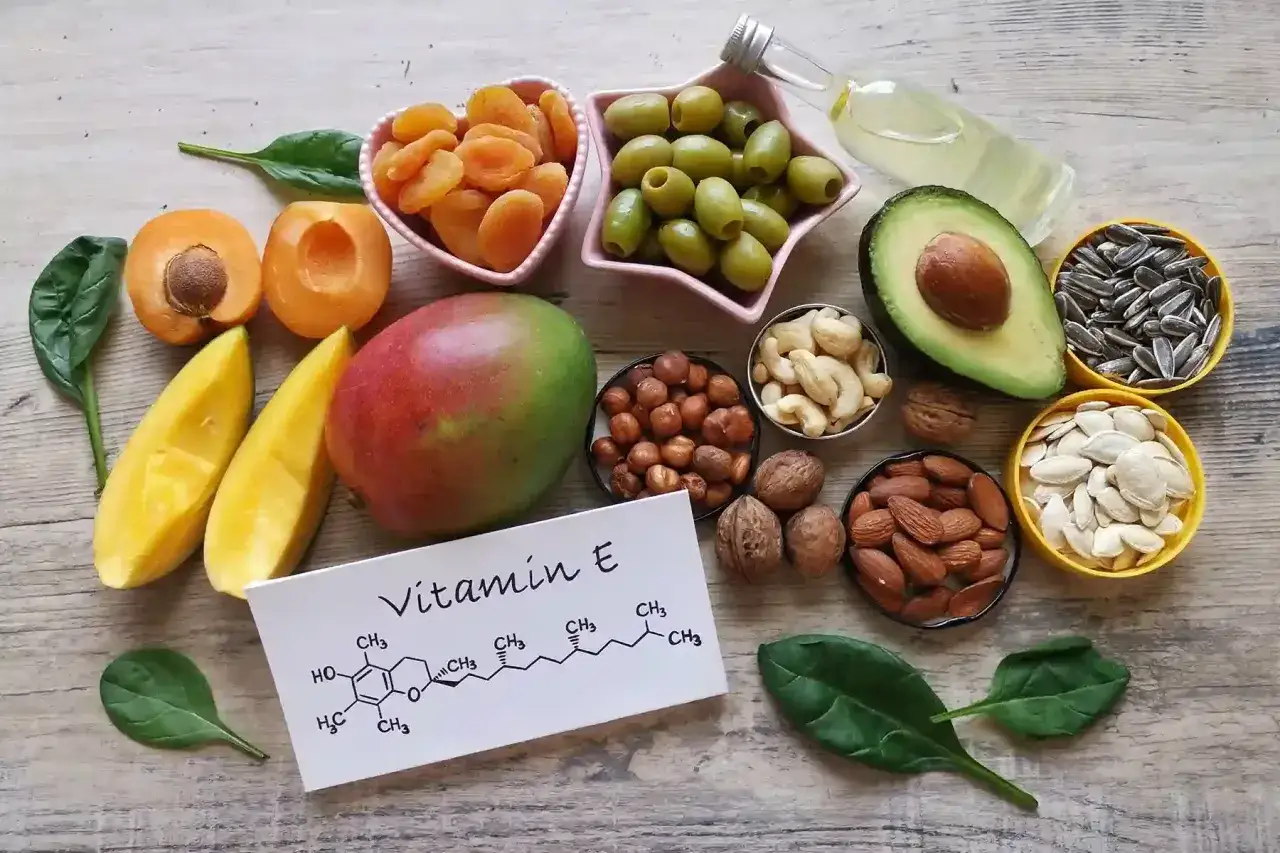 Frutta secca, avocado, olive e spinaci, ricchi di vitamina E, disposti attorno a un foglio con la sua formula chimica.