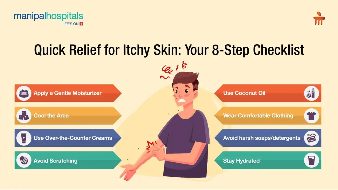 Uomo con prurito in tutto il corpo, che si gratta il braccio. Checklist per alleviare il prurito: idratare, raffreddare, usare creme, evitare di grattare.