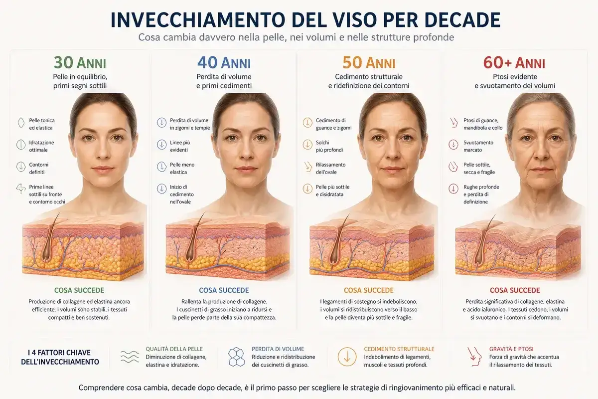 Le rughe sono segni del tempo che compaiono con l'età, evidenziando cambiamenti nella pelle, volumi e strutture del viso.