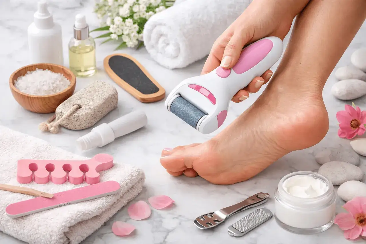 Mani che usano un dispositivo elettrico per rimuovere un callo dal piede, circondate da prodotti per la cura dei piedi.