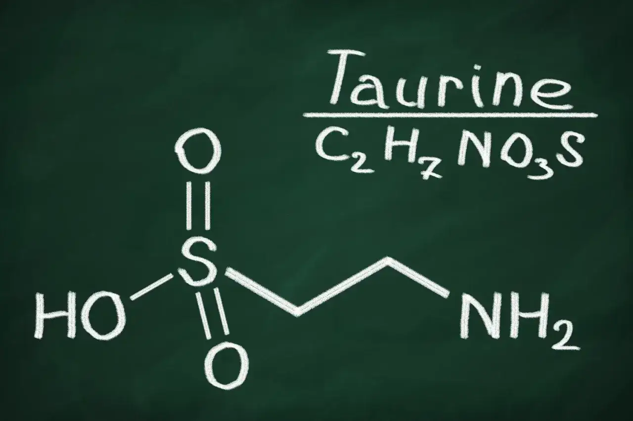 Struttura chimica della taurina (C₂H₇NO₃S), un amminoacido essenziale per il corpo umano.
