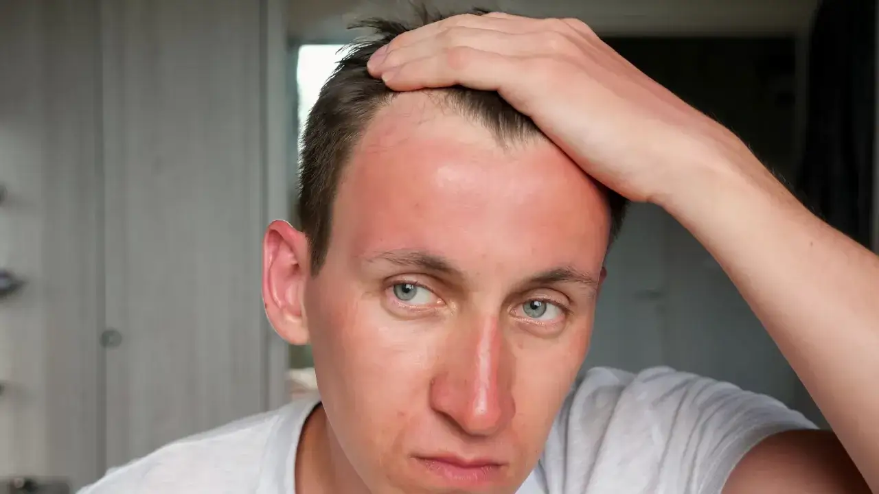 Uomo con scottatura cuoio capelluto e perdita capelli, la pelle arrossata e irritata.