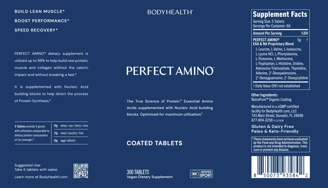 Integratore Perfect Amino: gli aminoacidi essenziali aiutano a costruire muscoli e collagene, ottimizzando la sintesi proteica.