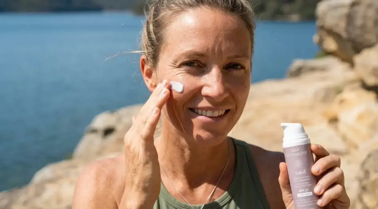 Donna sorridente applica crema solare sul viso, proteggendo la pelle per aumentare la melanina in modo sano.