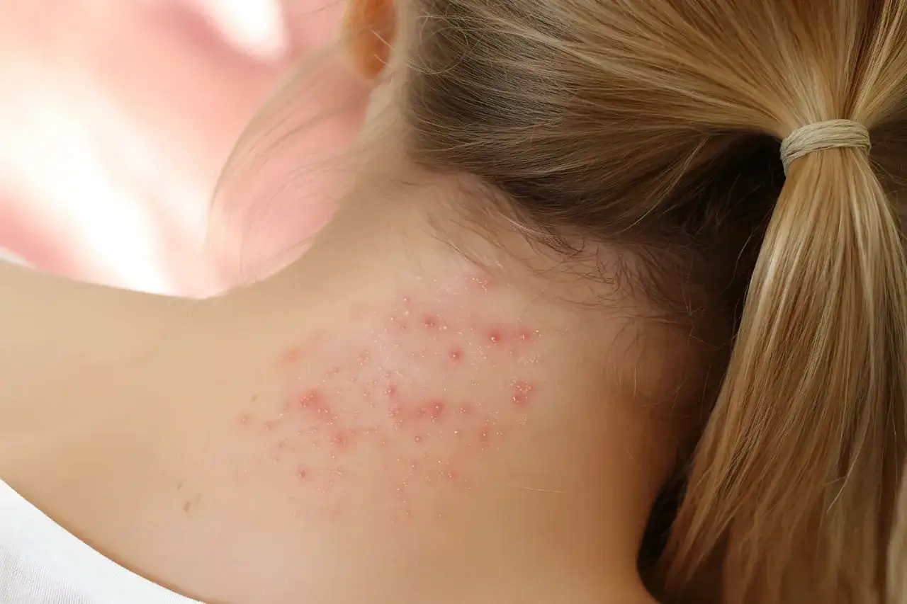 Primo piano della pelle di una persona con brufoli sul collo, evidenziando l'infiammazione e il rossore.