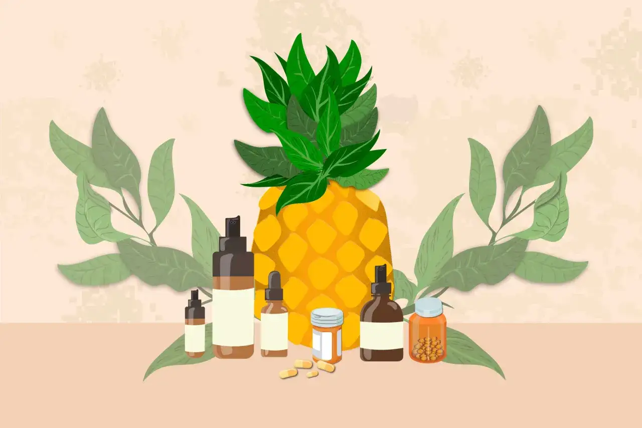 Ananas e flaconi di integratori. La bromelina a cosa serve? Aiuta la digestione e ha propriet&agrave; antinfiammatorie.