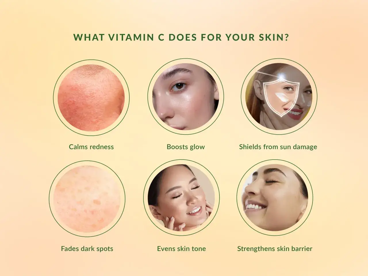 La vitamina C per il viso serve a lenire rossori, illuminare, proteggere dal sole, schiarire macchie, uniformare il tono e rafforzare la barriera cutanea.
