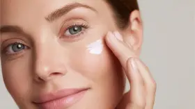 Donna applica crema contorno occhi, contrastando l'invecchiamento precoce a 60 anni. Pelle luminosa e idratata.