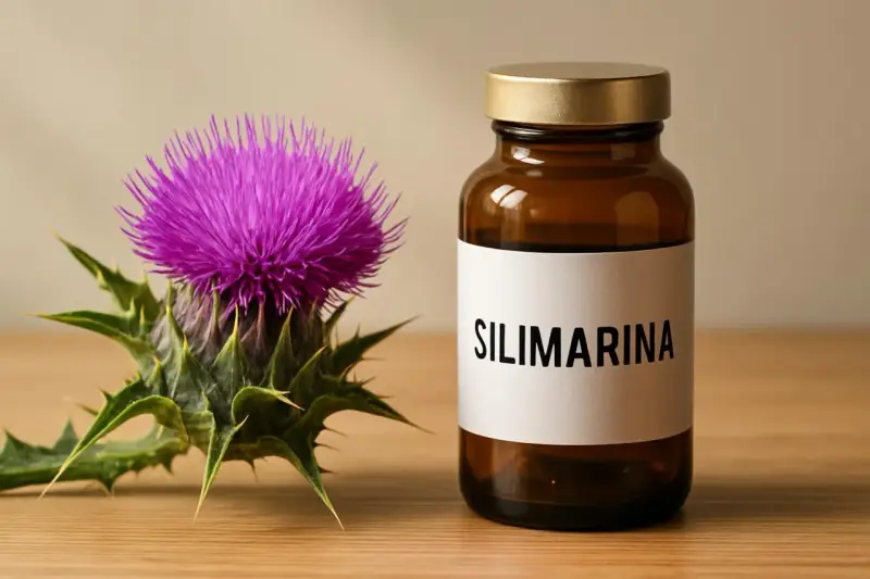 Fiore di cardo e flacone con etichetta "SILIMARINA". Scopri cos'è la silimarina e i suoi benefici.