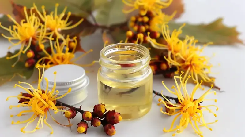 Un flacone di olio giallo circondato da fiori di amamelide, che mostra cos'è questa pianta benefica.
